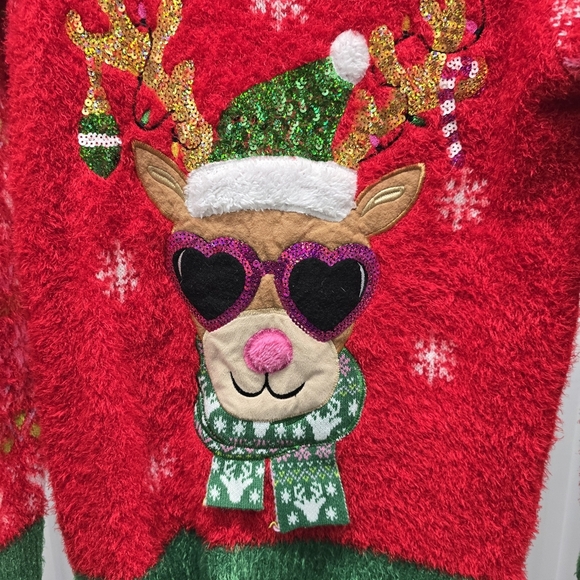 Holiday Time Plus Size XXL Reindeer Ugly Christmas Sweater Red Fuzzy Sequin - Picture 3 of 7